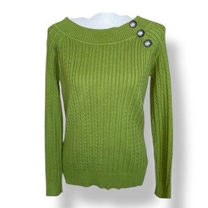 Olive Green Cotton Cable Knit Crewneck Sweater Button Accents Preppy Classic SM